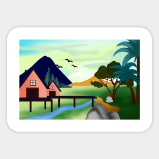 Colorful panoramic eco landscape with small house placed in secluded valley land with mountains and blue sky Sticker